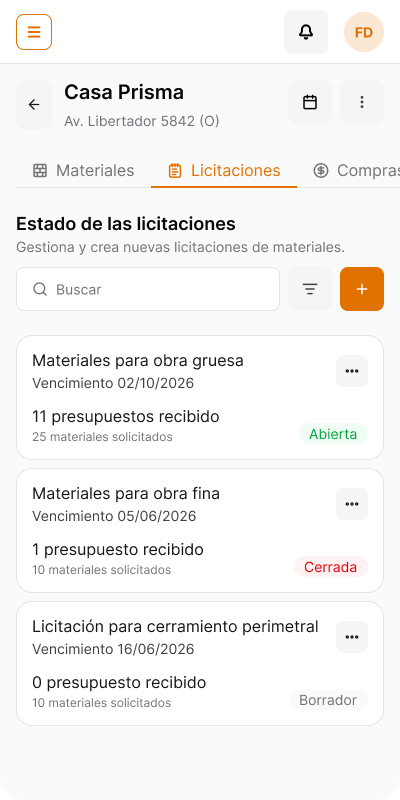 Vista móvil de licitaciones para una obra en Edifiko